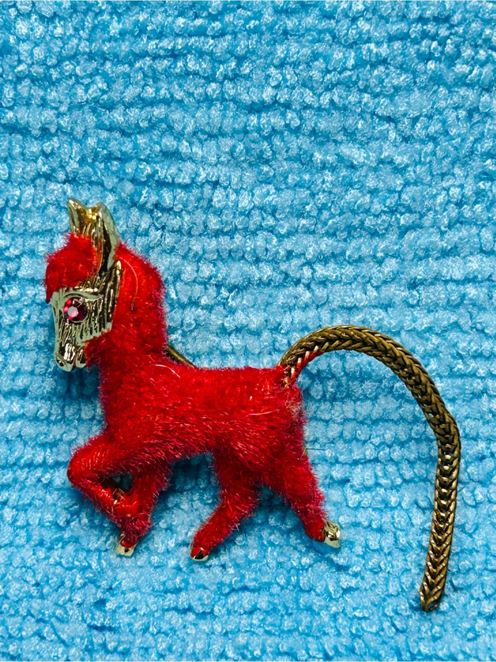 Vintage Red Fuzzy Pony Brooch with Gold Tail made in Germany GC